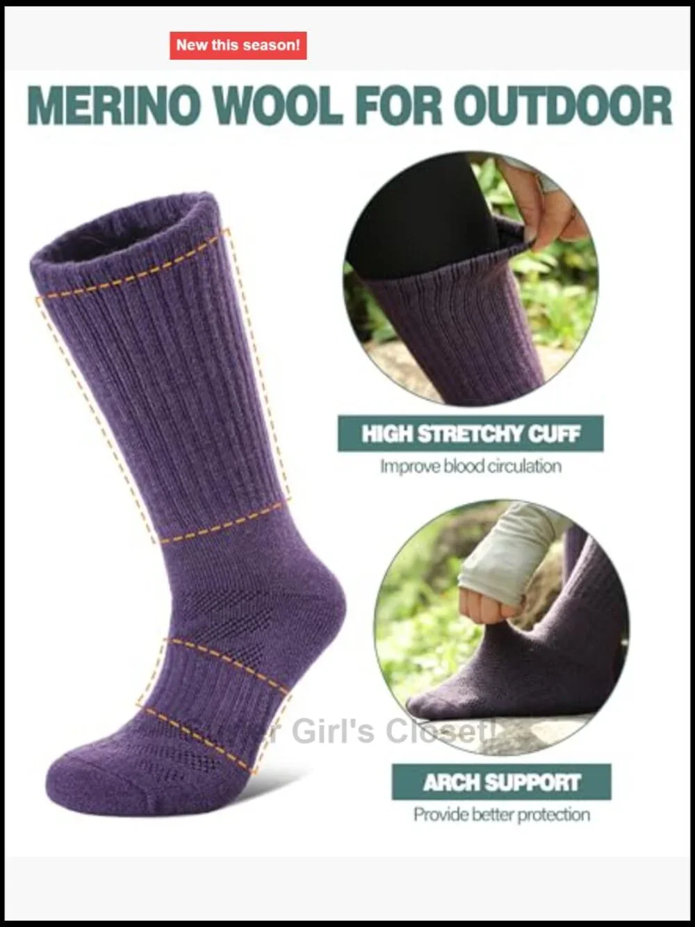 Merino Wool Hiking Socks Thermal Winter Thick Cushion Moisture Wicking Crew